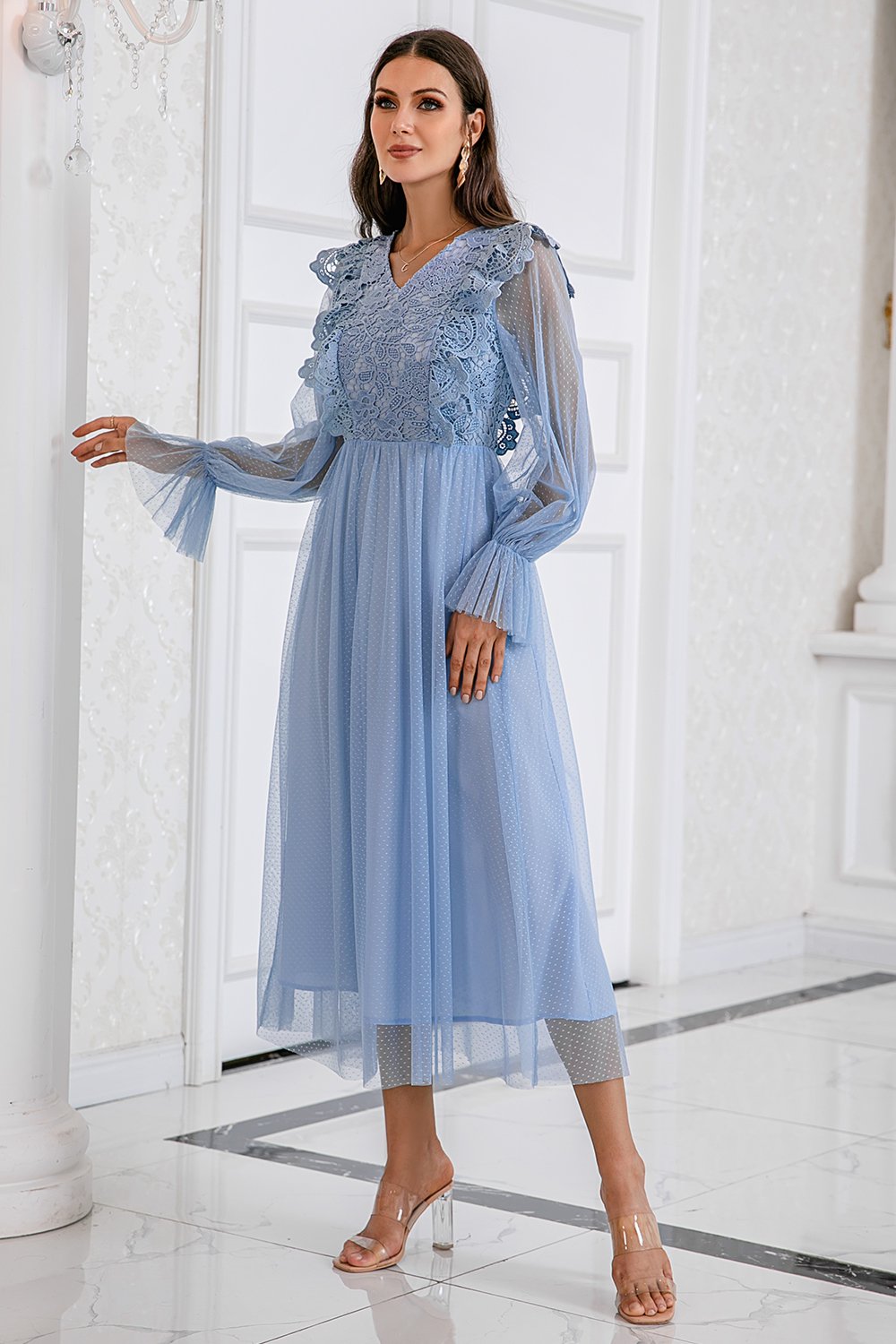 Bleu Manches Longues Tulle Robe De Bal