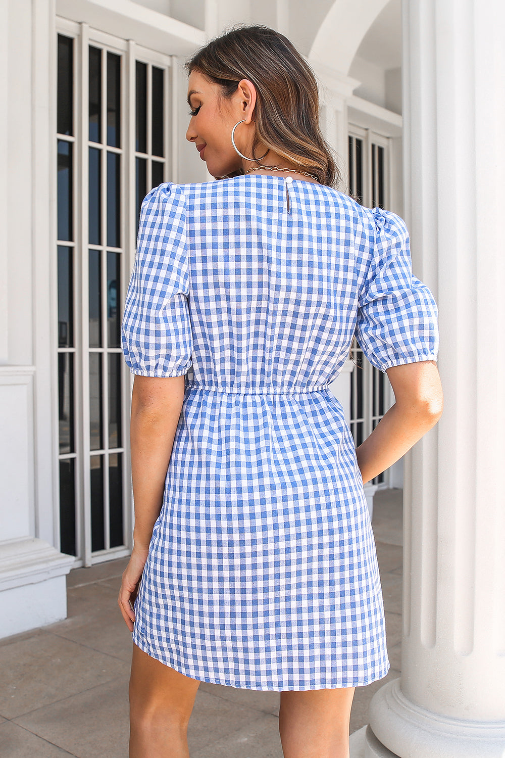 Bue Plaid Robe d’été avec nœud